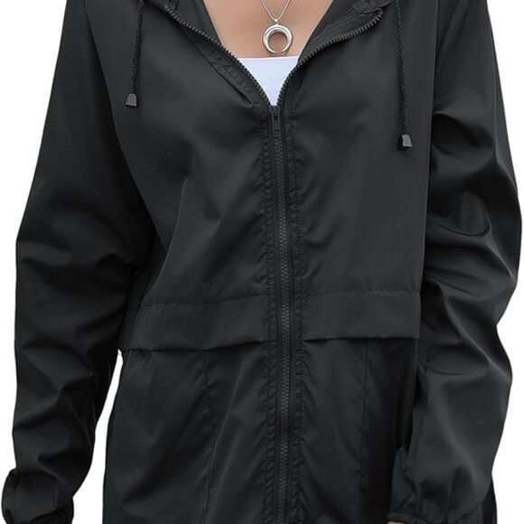 Lightweight Packable Women's Rain Jacket - Stylish Hooded Windbreaker in Black - Picture 1 of 5